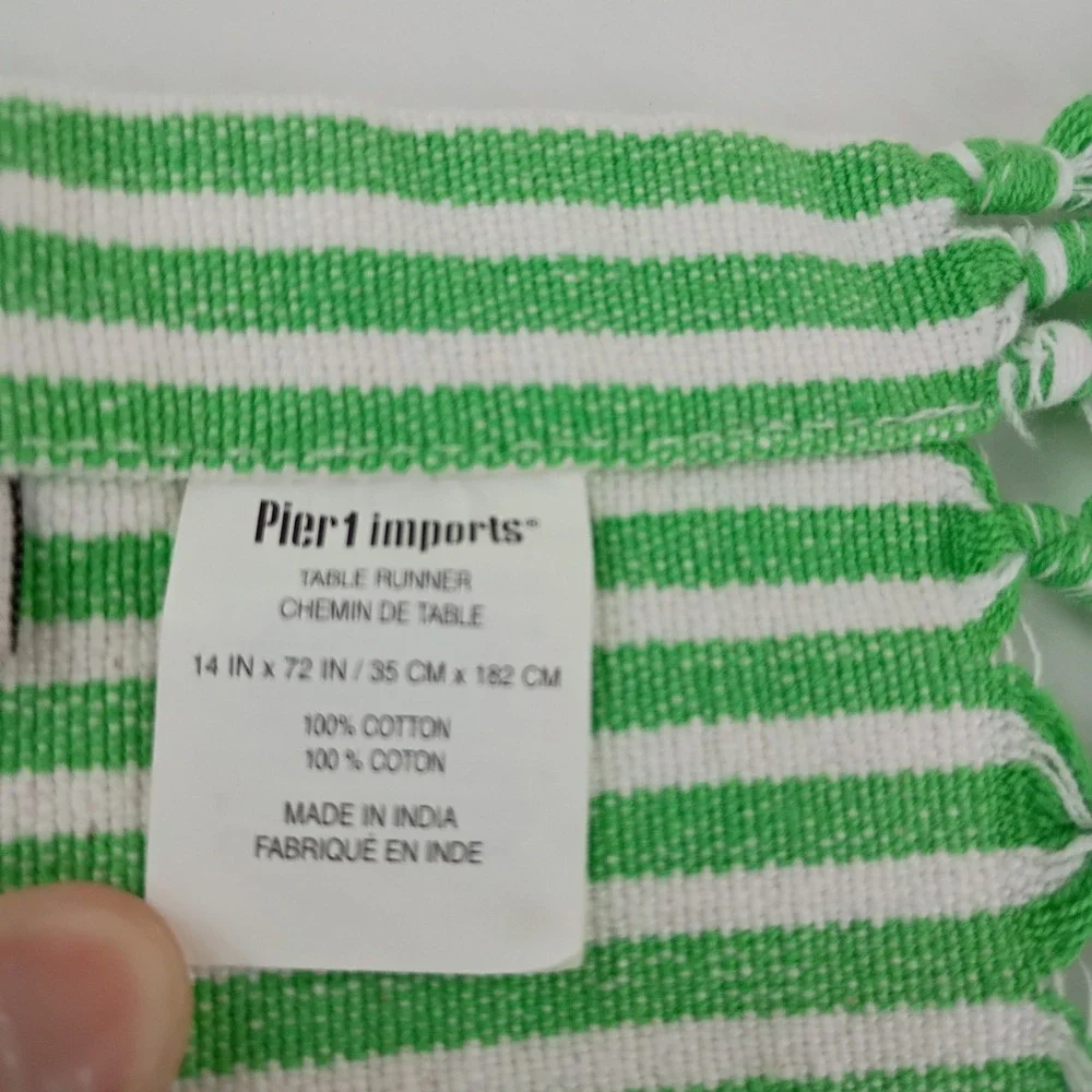Pier 1 Imports Green White Striped Cotton Table Runner with Tassels 14x72